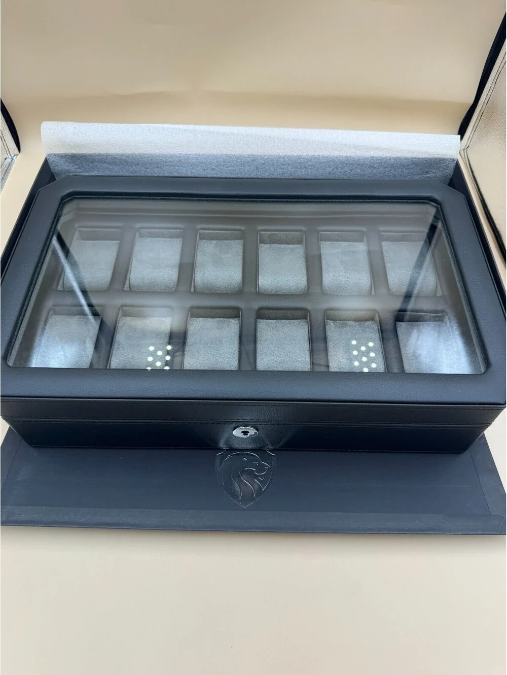 ROTHWELL 12 Slot Watch Box Black / Grey Locking Glass Top Display Case - Near Mi